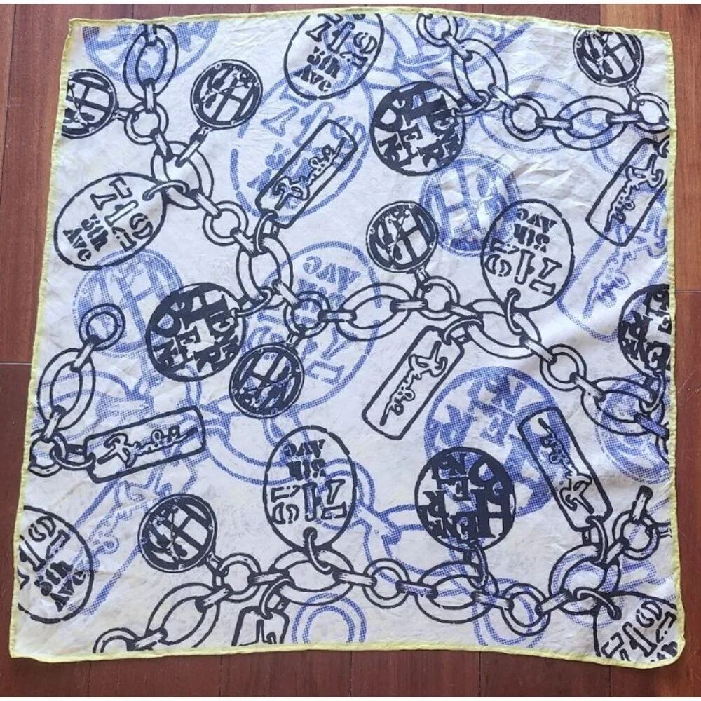 Henri Bendel Silk Scarf Charm Chain Print White Blue Yellow Square 26